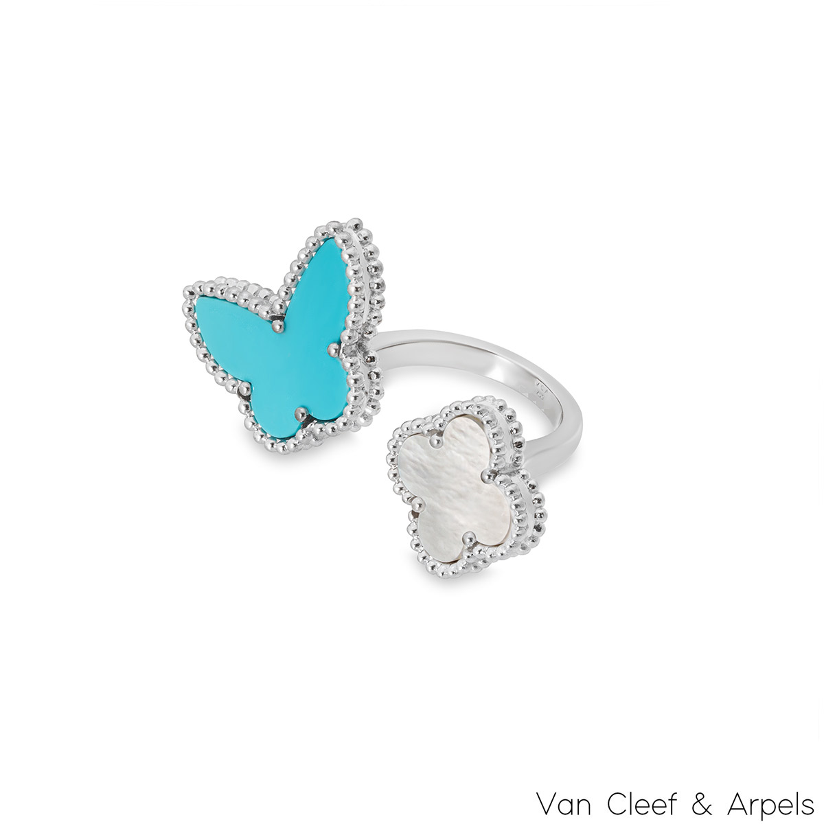 Van Cleef & Arpels White Gold Turquoise & Mother of Pearl Lucky Alhambra Between The Finger Ring